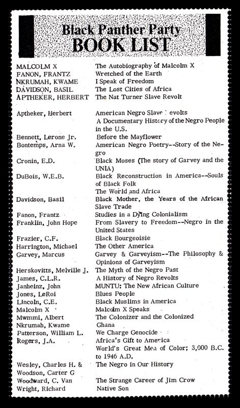 Black Panther Party book list (1968). Source: http://www.itsabouttimebpp.com/BPP_Books/bpp_books_index.html